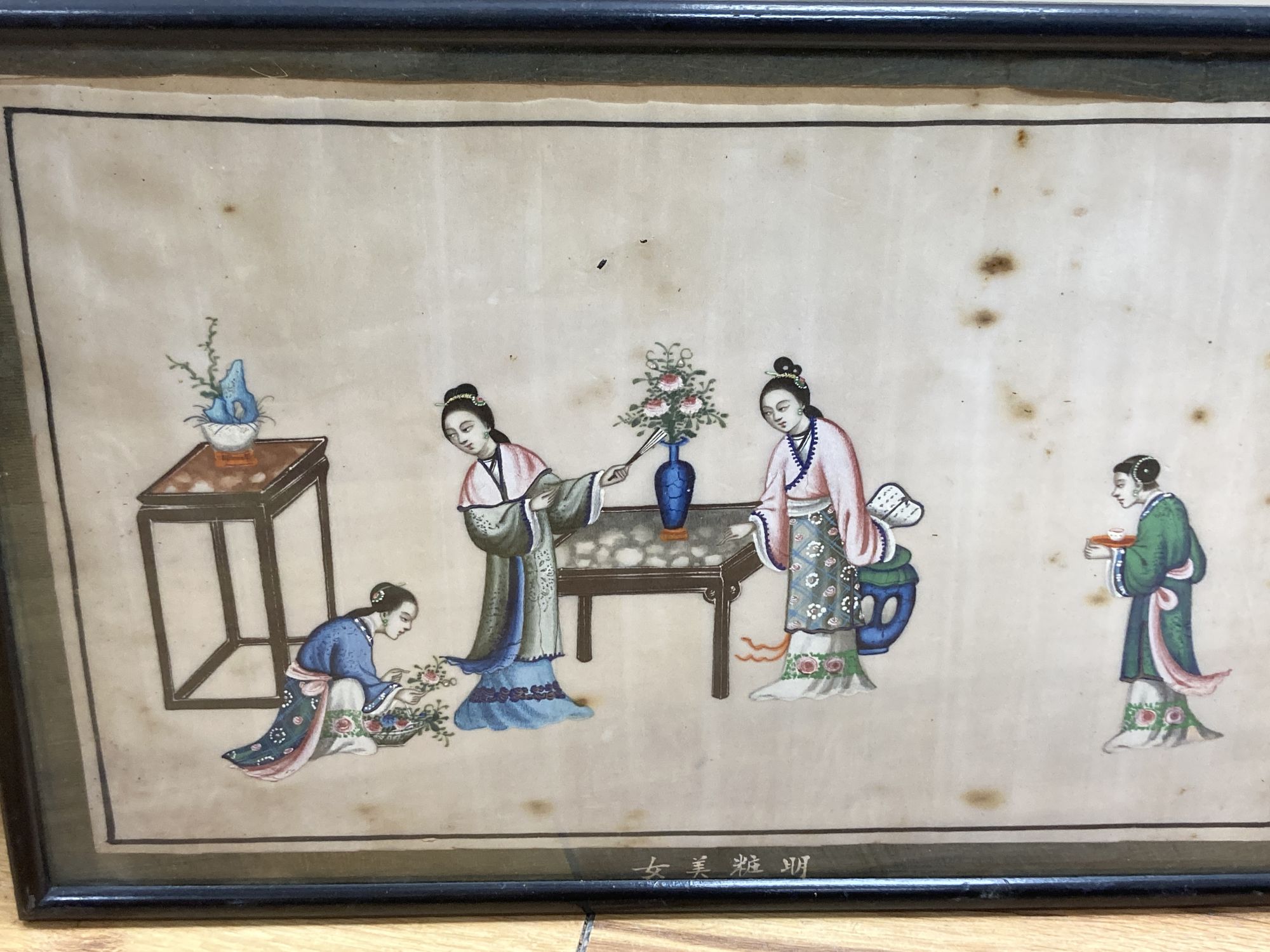 19th century Chinese School, pair of gouache on pith paper, Musicians and women arranging flowers, 19 x 31cm, a smaller pair of studies
